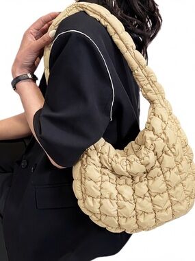 Quilted Puffy Cloud Hobo Bag - Butter Yellow/Tan- Boho Chic Indie